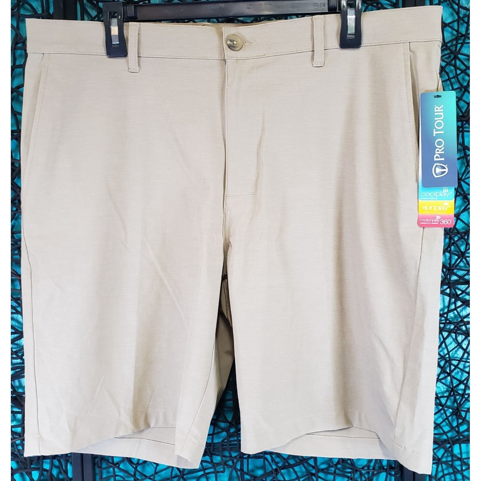NWT PRO TOUR COOL MOTION PLAY MENS ZIPPER FLY FLAT FRONT SHORTS SZ 38 KHAKI