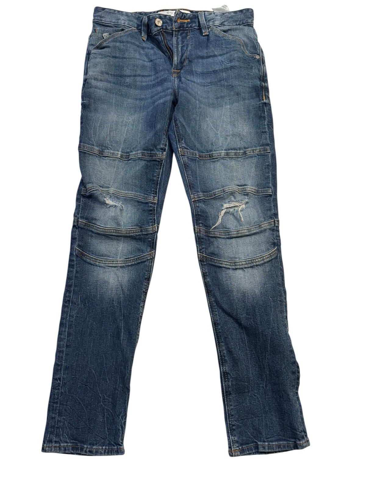 Guess Los Angeles Mens Slim Tapered Moto Distressed Blue Jeans 30×30 M72AS2R2MO0