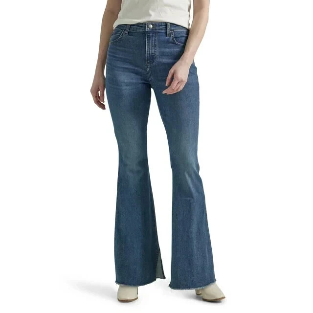 LEE – SIZE: 4 – Heritage High-Rise Fitted Flare Raw Hem Jeans With 33″ Inseam