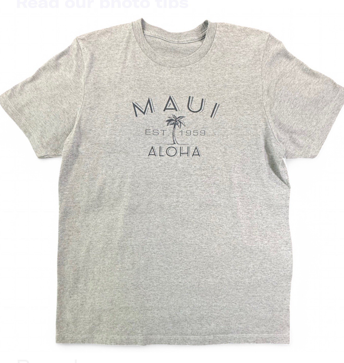 MAUI ALOHA 1959 GRAY GRAPHIC T-SHIRT, CHEST 40 IN, LENGTH 27.5 IN *see flaw pic