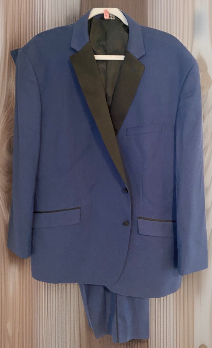 Mens Lineage Slim Fit Satin Lapel 2Button Tuxedo Suit Blue Jacket 56R Pants 52R