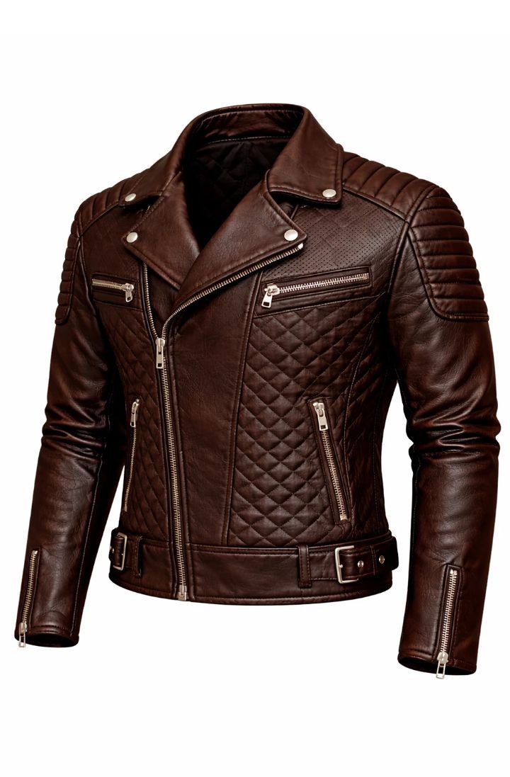 Men’s Dark Brown Genuine Leather Biker Jacket Quilted Handmade