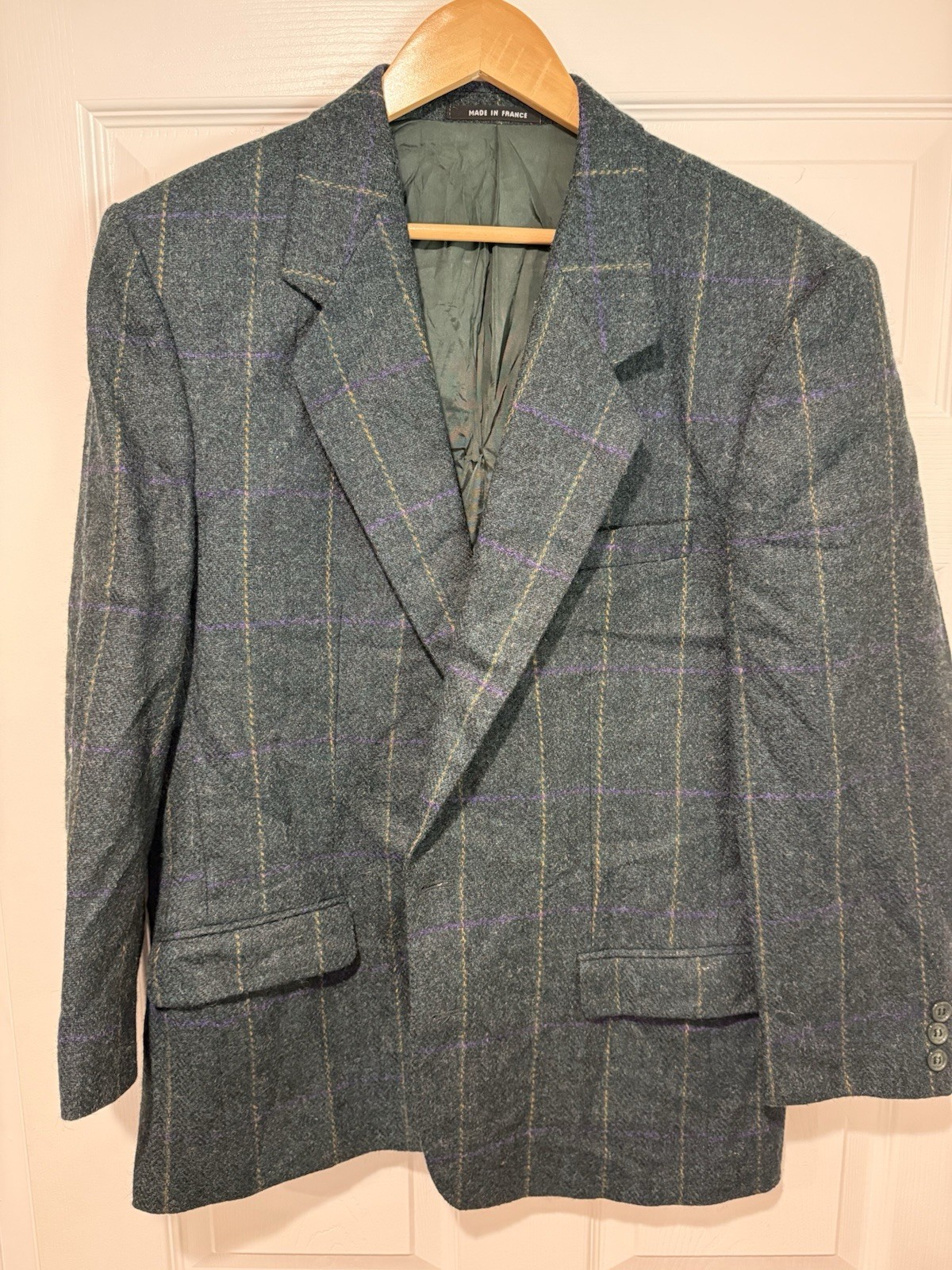 Vintage Pure New Wool Window pane Sports Coat 42S Made In France Green Woolmark