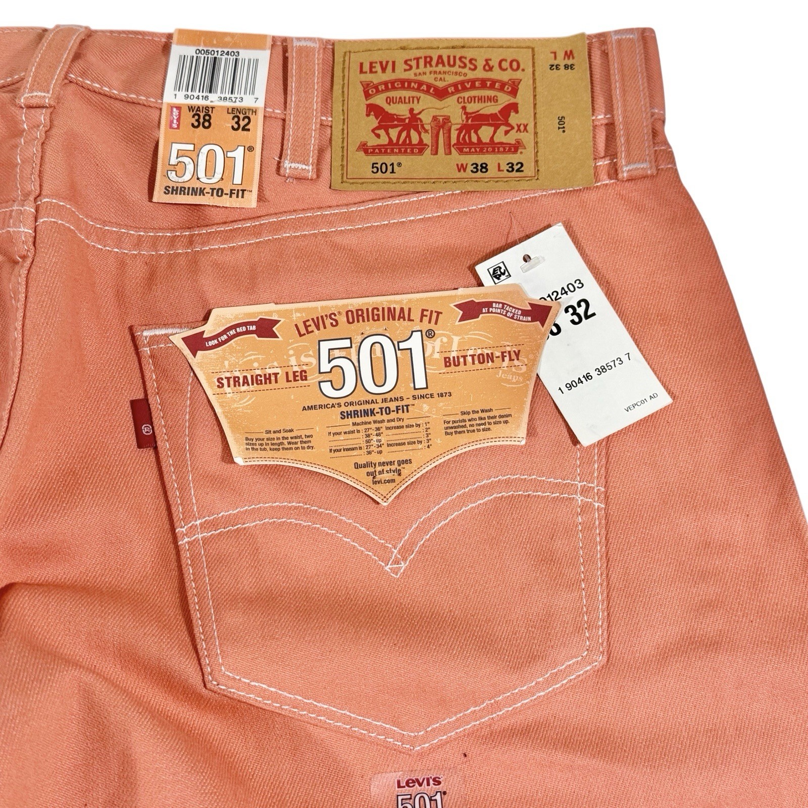 New Levi’s 501 Men’s Jeans Size 38×32 Pink Shrink To Fit Button Fly NWT