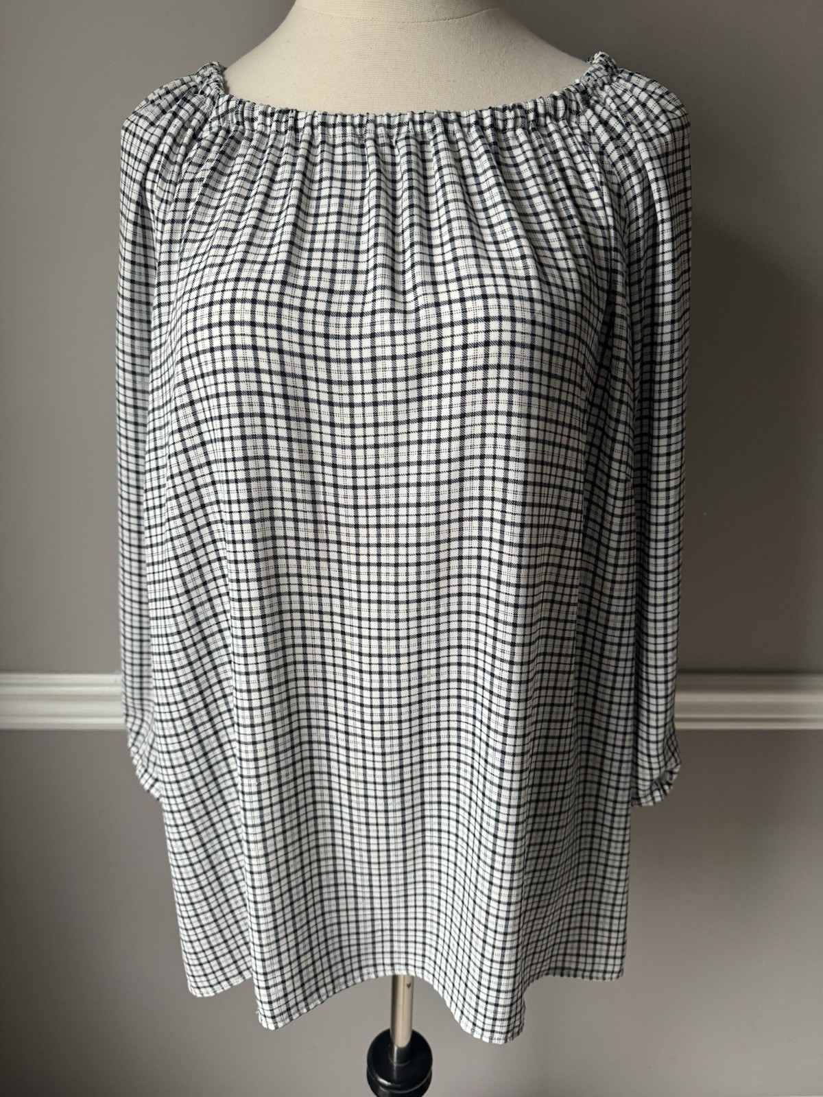 Talbots Woman 2X Plus Black & White Plaid Scoop Neck 3/4 Sleeve Blouse