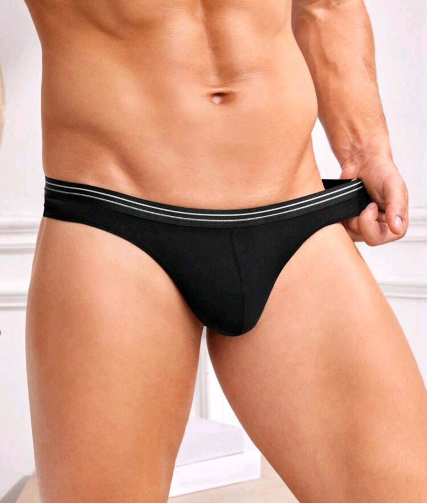 New Men’s Sexy Black & White Stripe Thong w/Contoured Hang Free Pouch – Gay