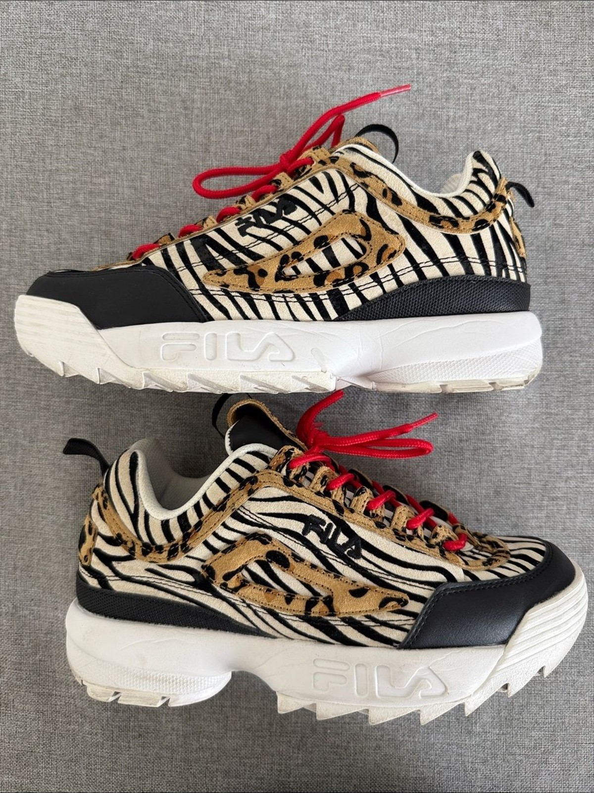 Fila disruptor ll Zebra & Leopard Mixed-Print Sneakers with Red Laces