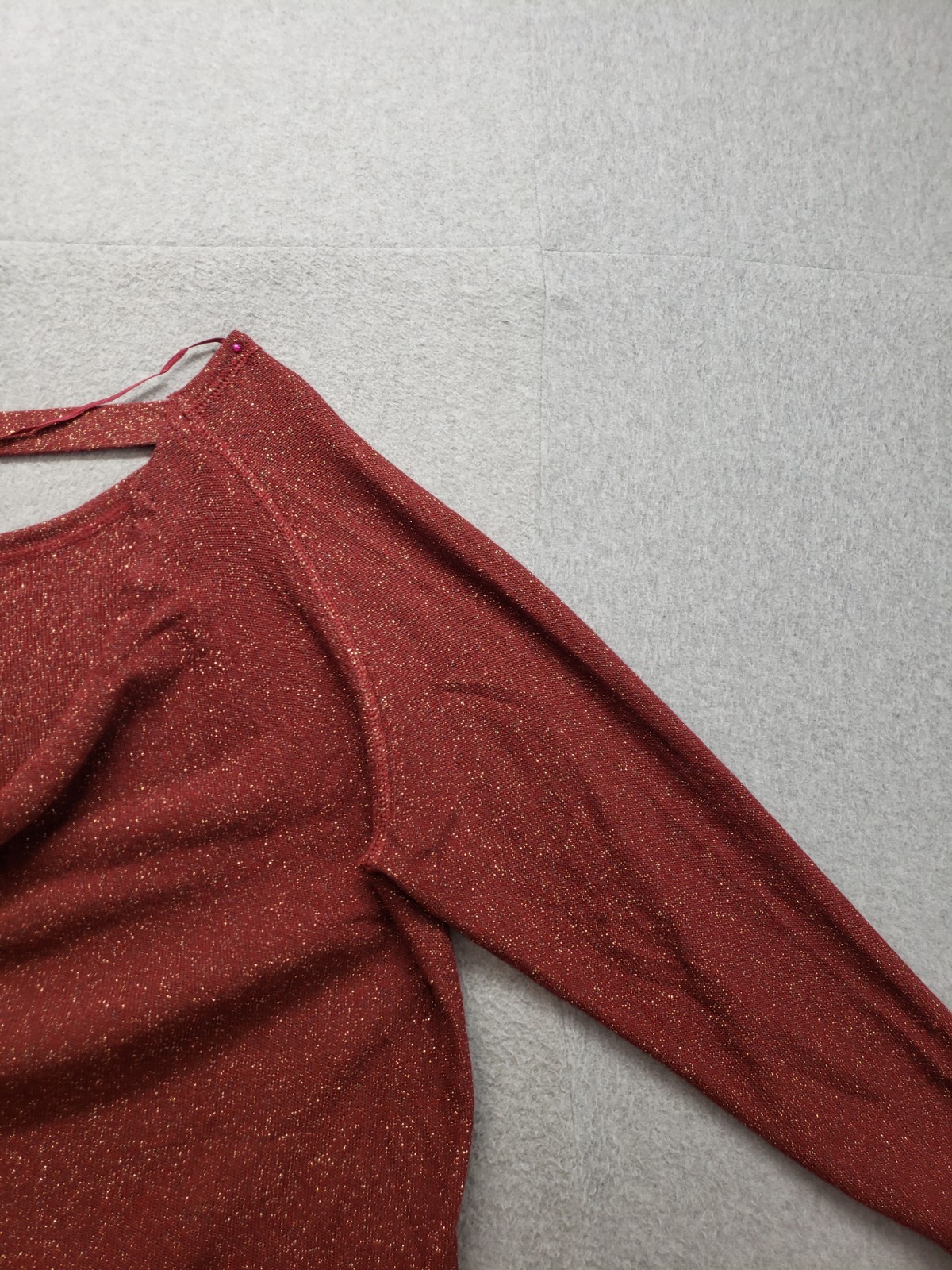 A N A Women Sweater L Red Metallic Knit Long Sleeve Pullover Cutout Back Warmer