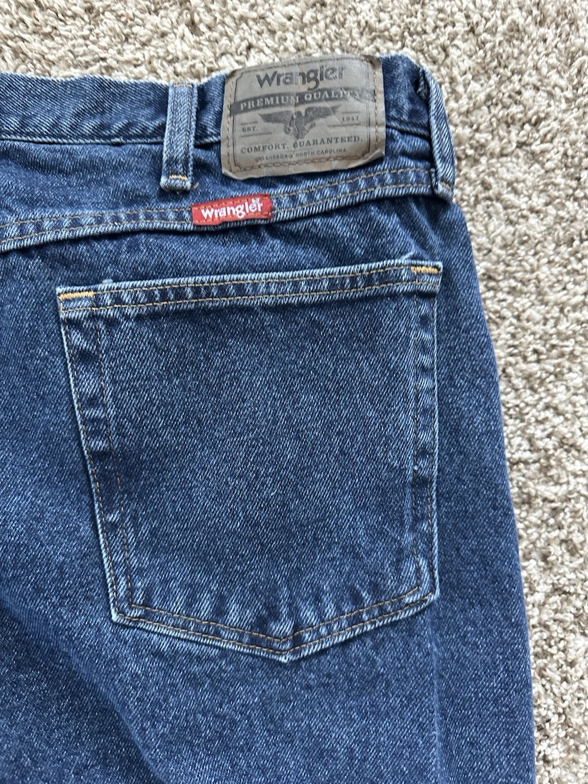 WRANGLER FIVE STAR PREMIUM DENIM RELAXED FIT JEANS 38×34 DARK WASH