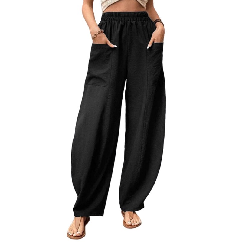 Summer Womens Cotton Linen Breathable Baggy Harem Pants Elastic Waist Trousers