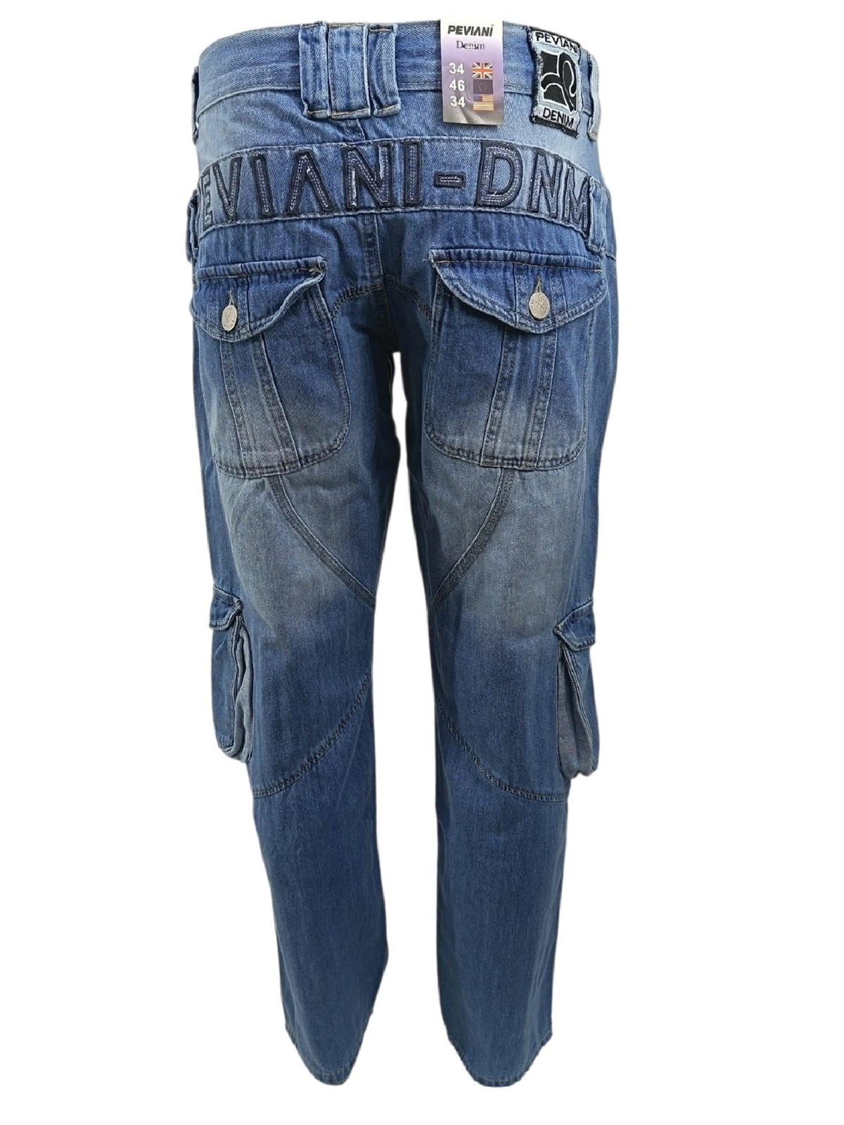 Peviani Men Cargo Jeans Denim Multi Pocket Biker Baggy Style Light Blue Pants