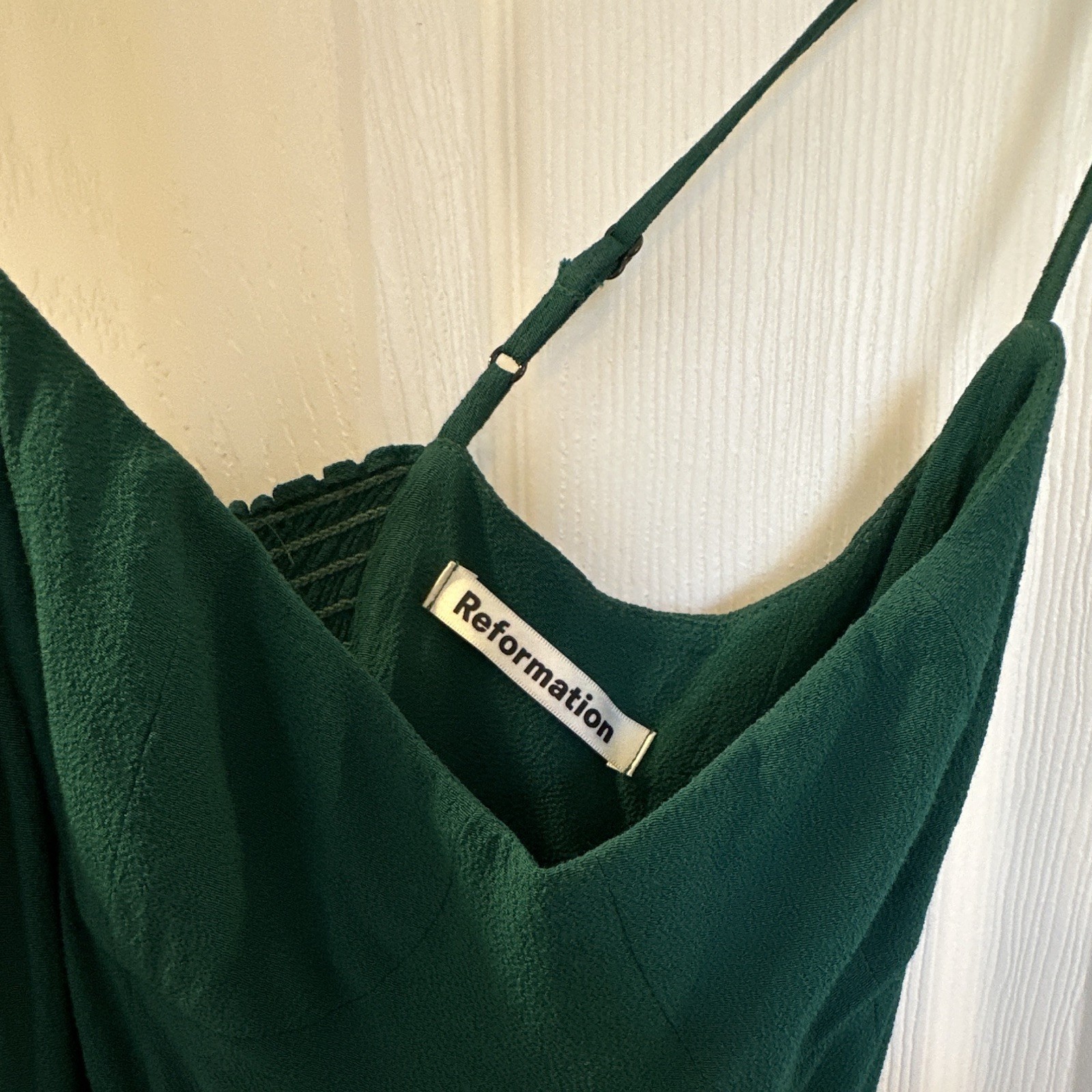 Reformation Green Wide-Leg Jumpsuit V-Neck Strappy Smocked Back Size 0