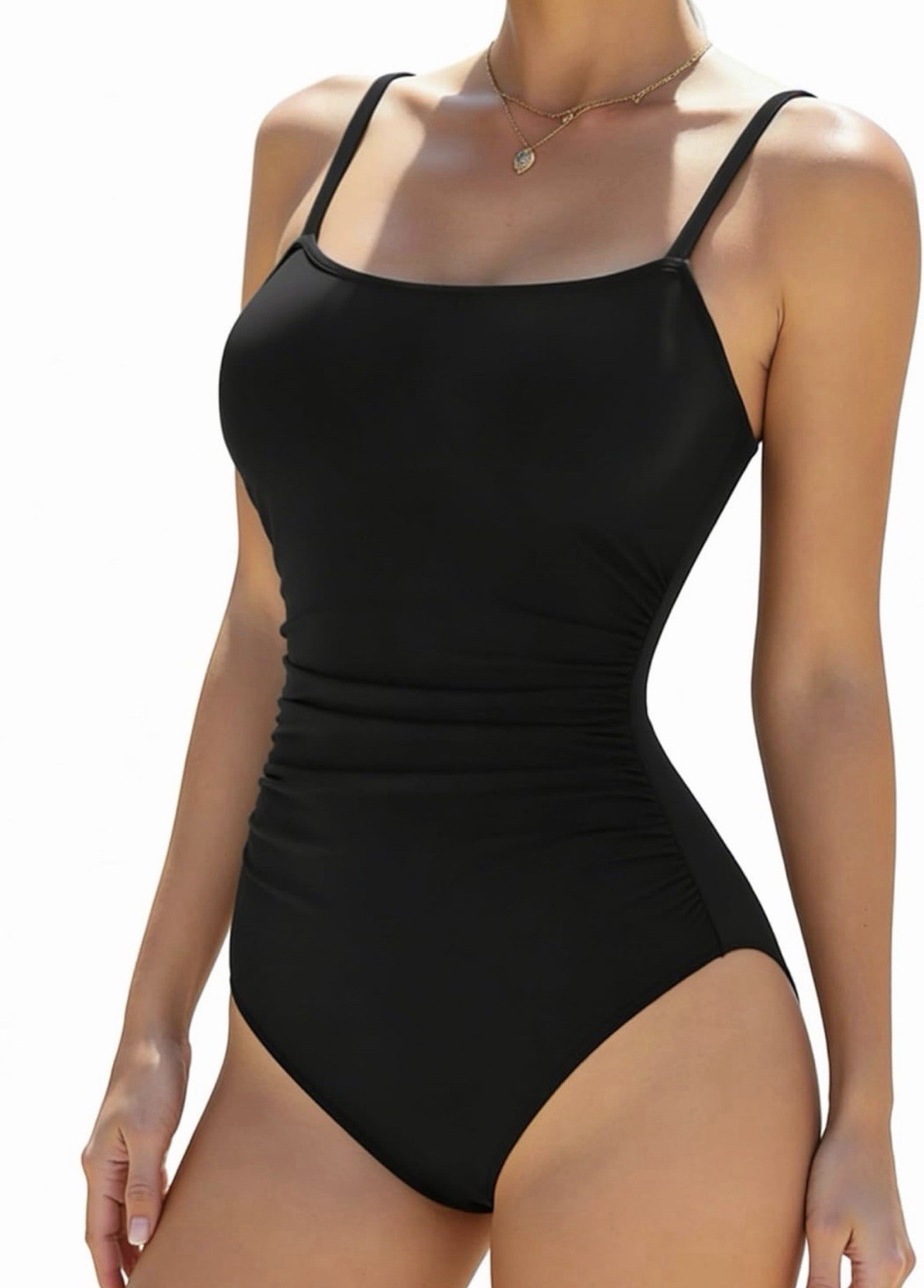Black Solid One-Piece Swimsuit Spaghetti Adjustable Straps Spandex S