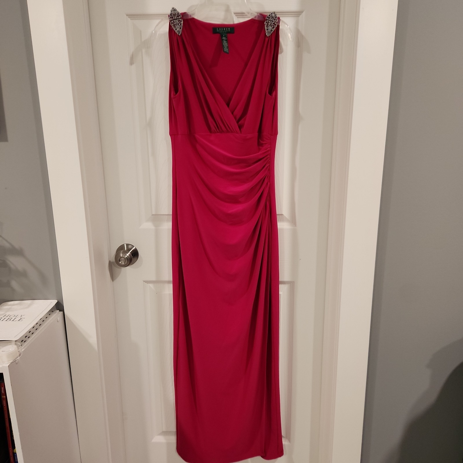 Lauren Ralph Lauren Fuchsia Jeweled Strap Ruched Evening Gown Dress Pink Sz 4