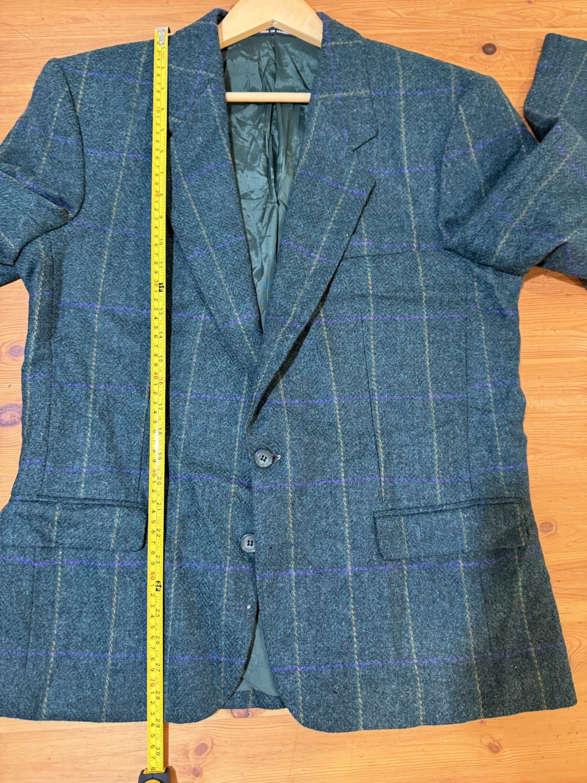 Vintage Pure New Wool Window pane Sports Coat 42S Made In France Green Woolmark