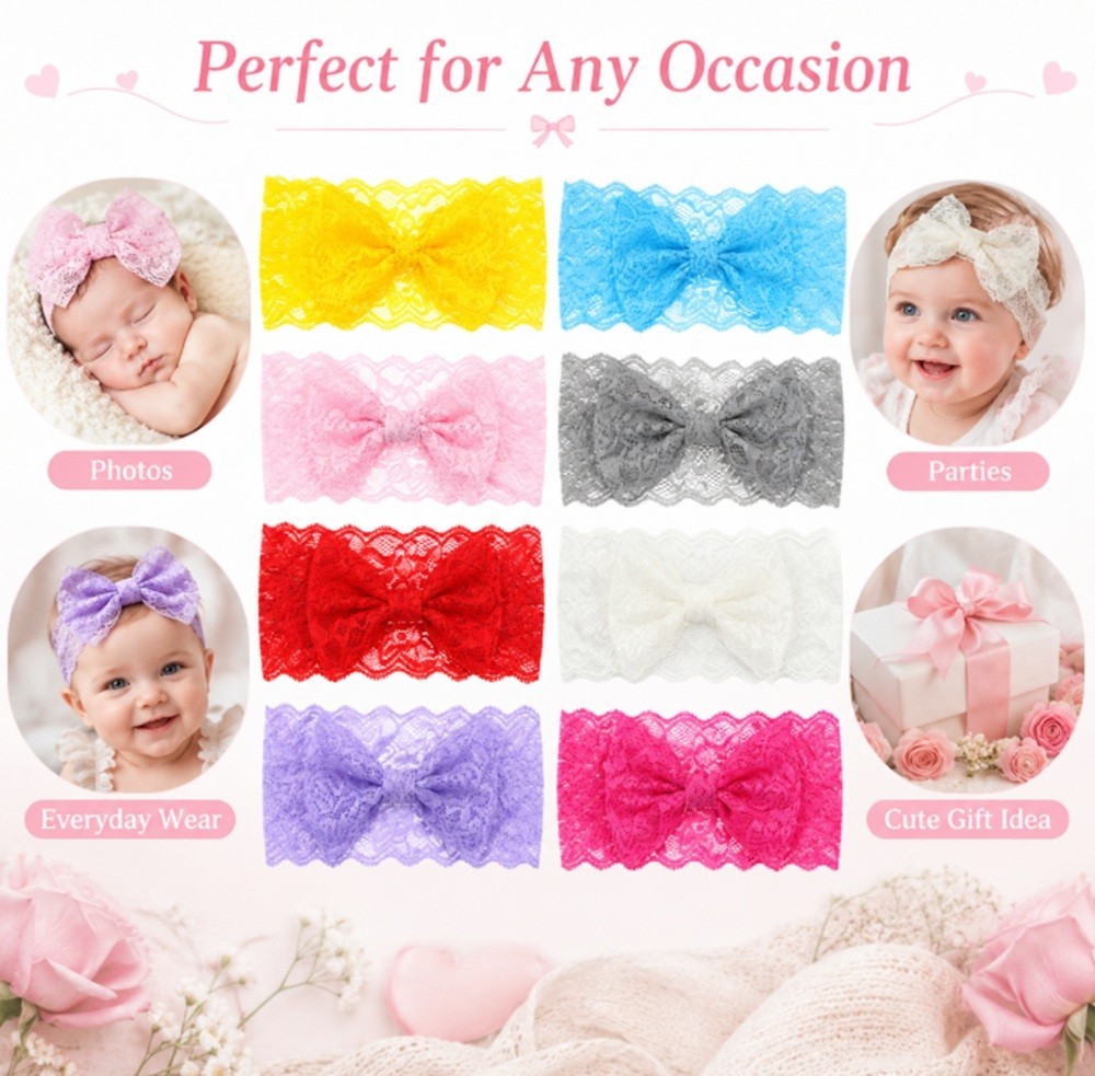 8 Baby Girl Headbands Set – Lace Bow & Flower Hair Bands for Toddlers & Infants