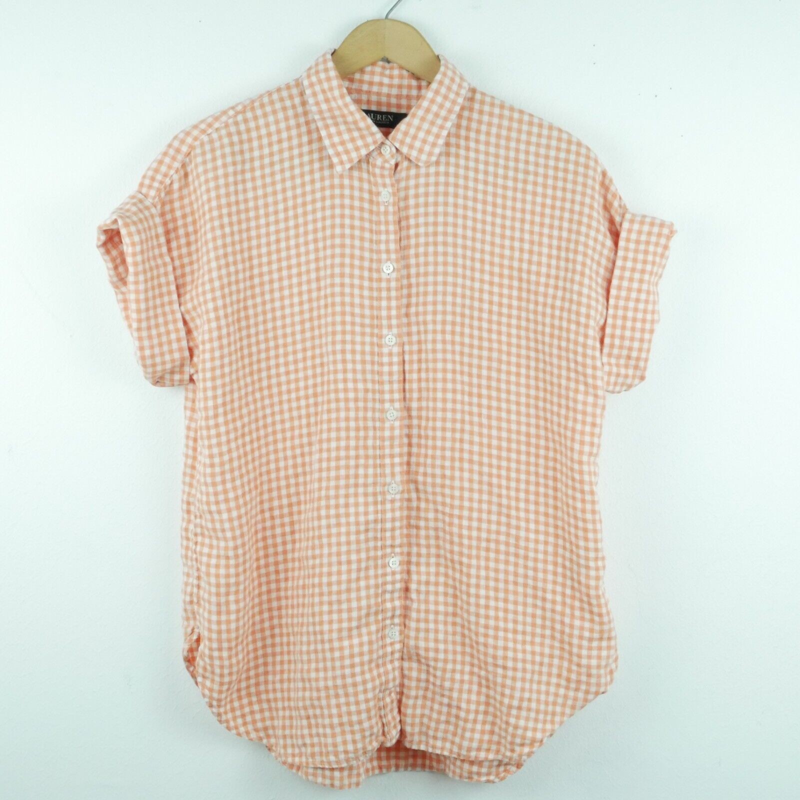 Ralph Lauren Women’s Medium Shirt Orange Gingham Linen Preppy Boxy Summer Resort