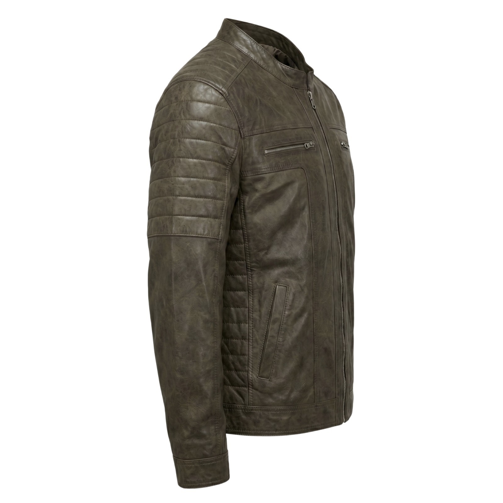 Men’s Distressed Brown Leather Jacket – Cafe Racer Style Quilted Biker Jacket