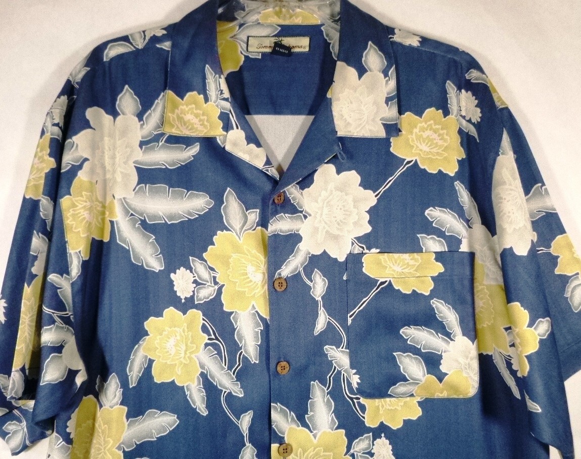 Tommy Bahama-Mens Hawaiian Shirt-Large-Blue Floral-Casual Button Down-100% Silk