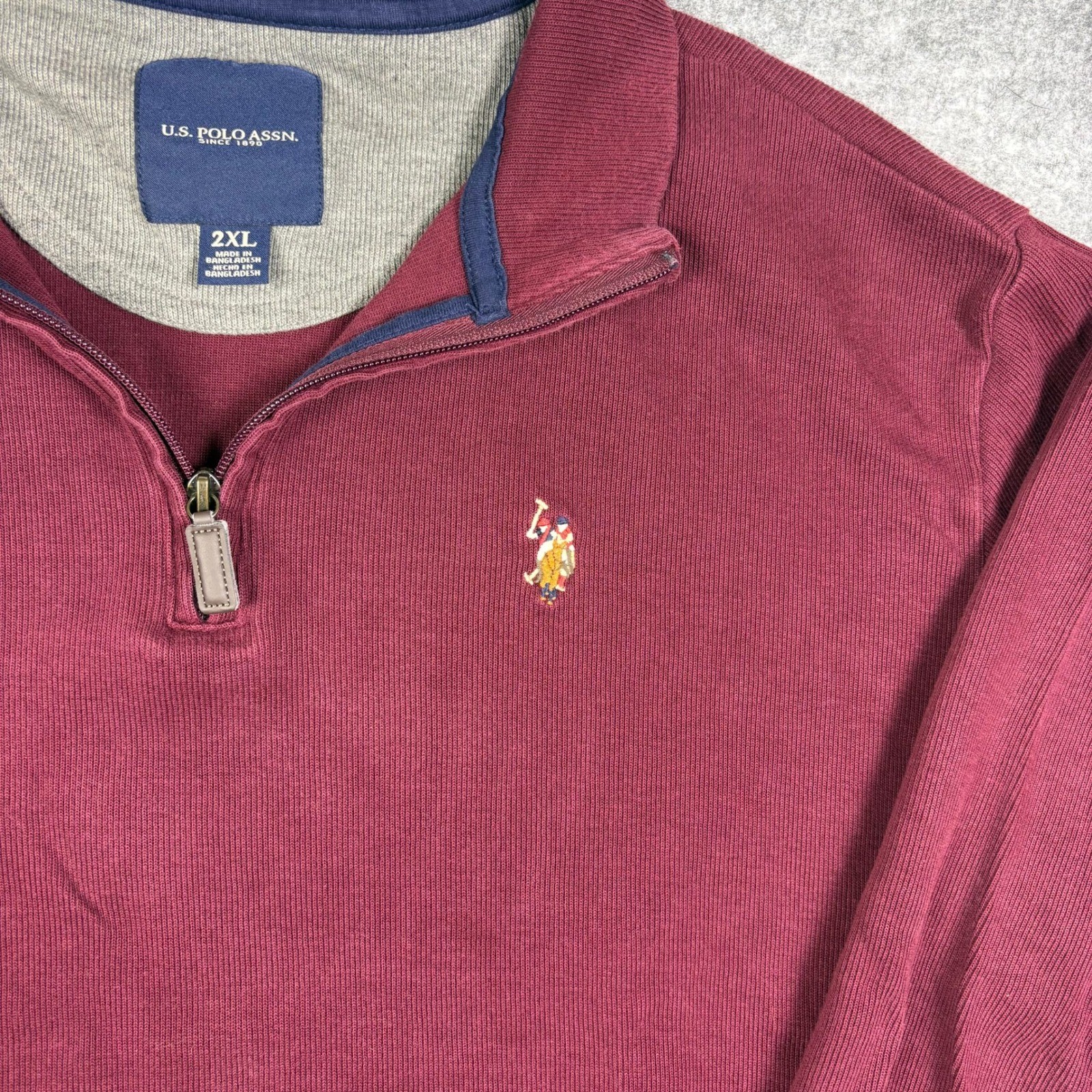US Polo Assn Quarter Zip Pullover Sweater Mens 2XL Burgundy Ribbed Mock Neck
