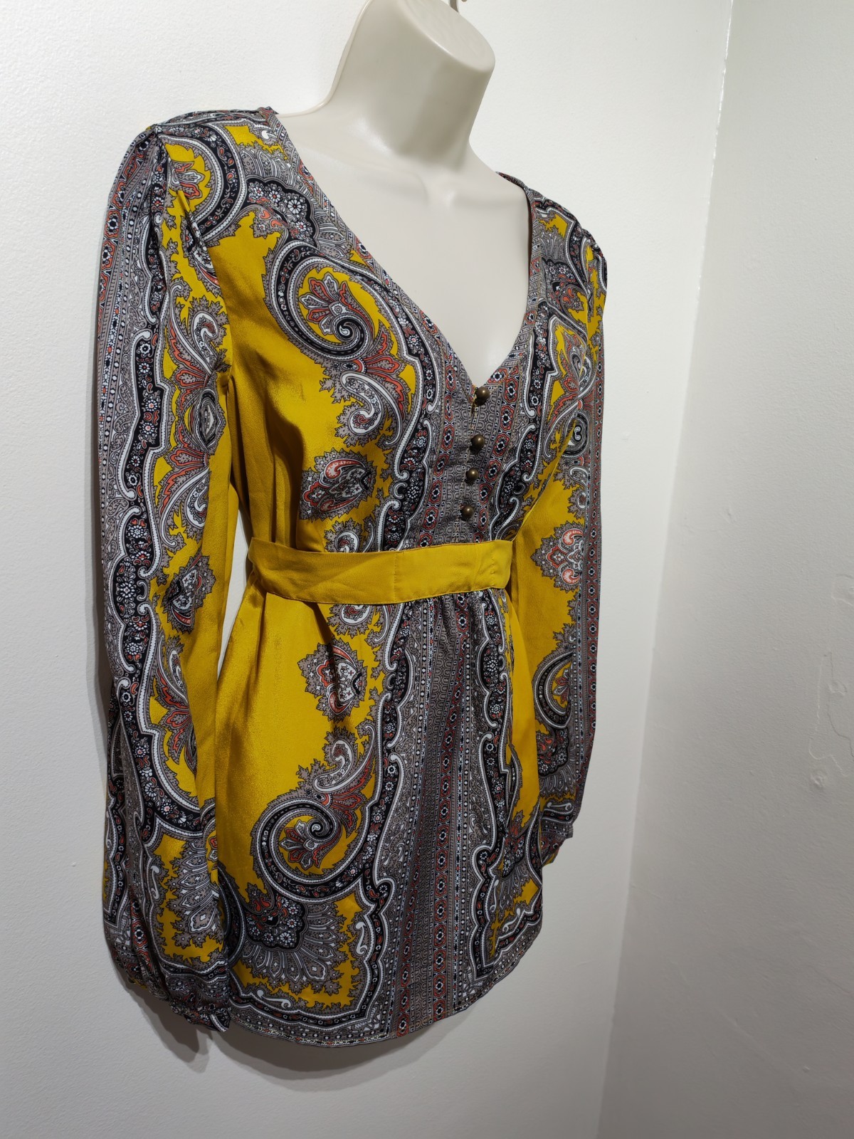 Monsoon yellow paisley print empire tunic long sleeve top M 14 Indian Ethnic