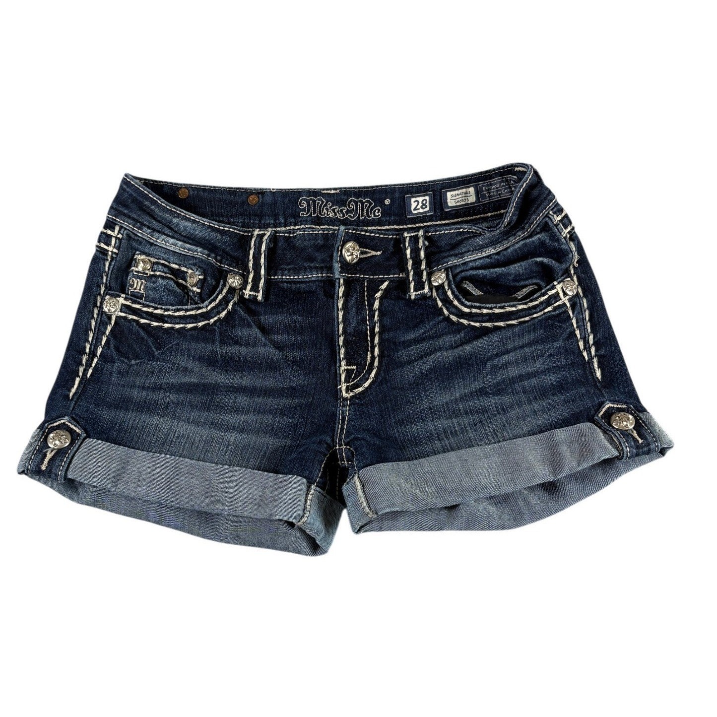 Miss Me Signature Denim Shorts Women 28 Blue Dark Washed Mid Rise Y2K Rhinestone