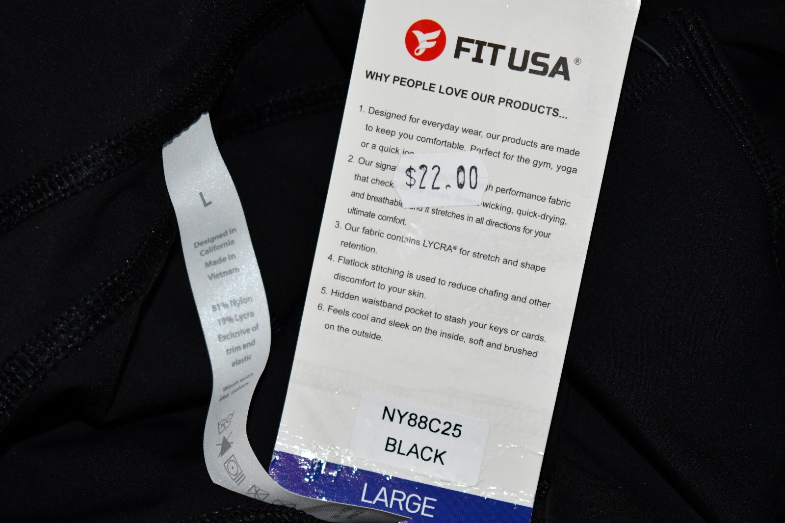 Fit USA Leggings 25” in Black Size: Large #NY88C25 NWT Details: Nylon/Lycra Side
