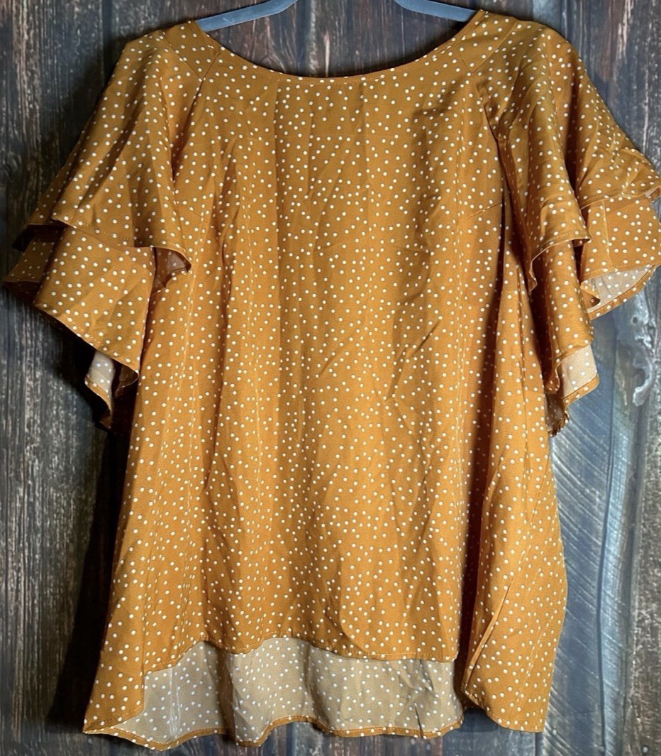 SHEIN Curve Mustard Yellow Polka Dot Ruffle Sleeve Blouse 4XL