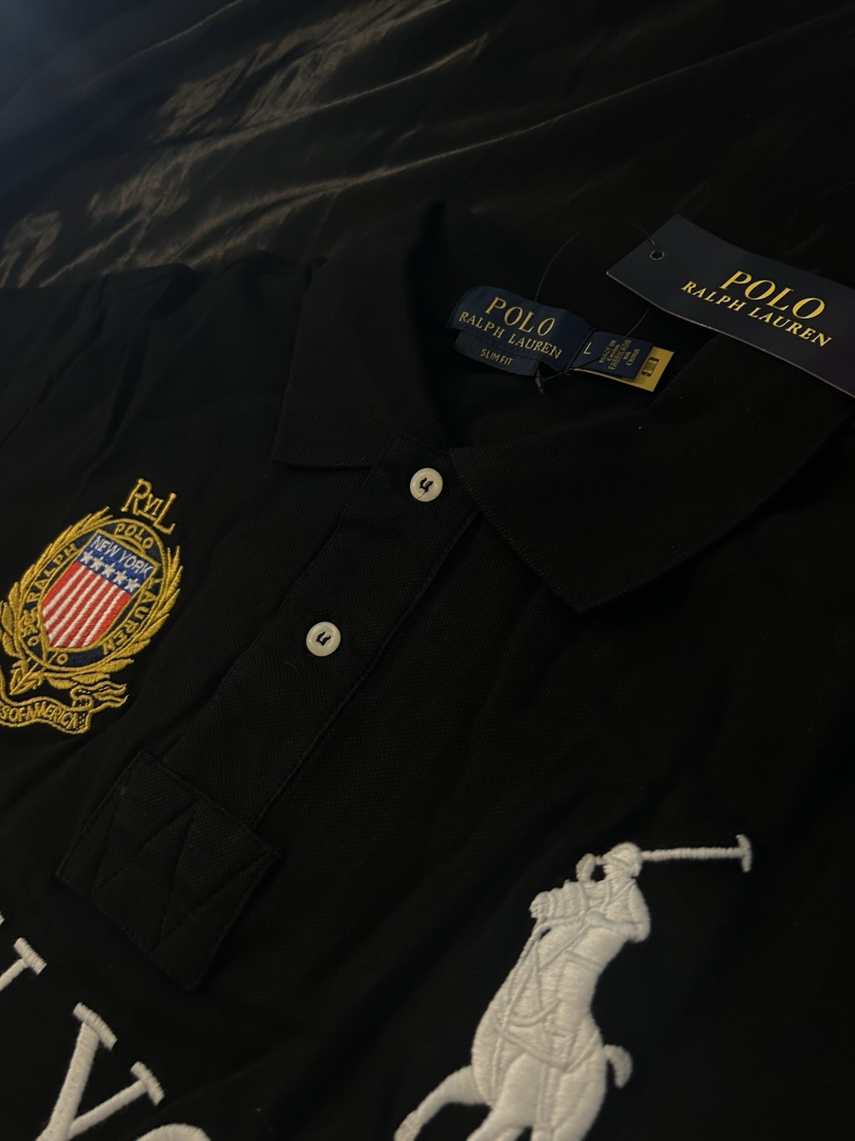 Polo Ralph Lauren Slim Fit Black New York Logo Big Pony No. 5 Polo Shirt L