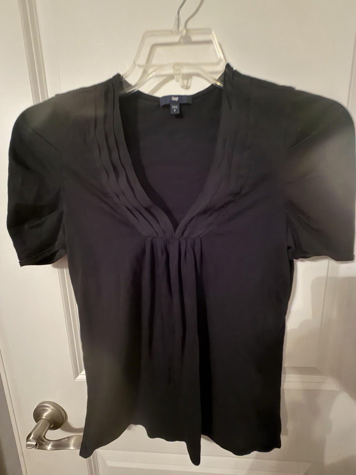 Gap Black Solid V-Neck Pleated Puff Short Sleeve Pullover Blouse S Women