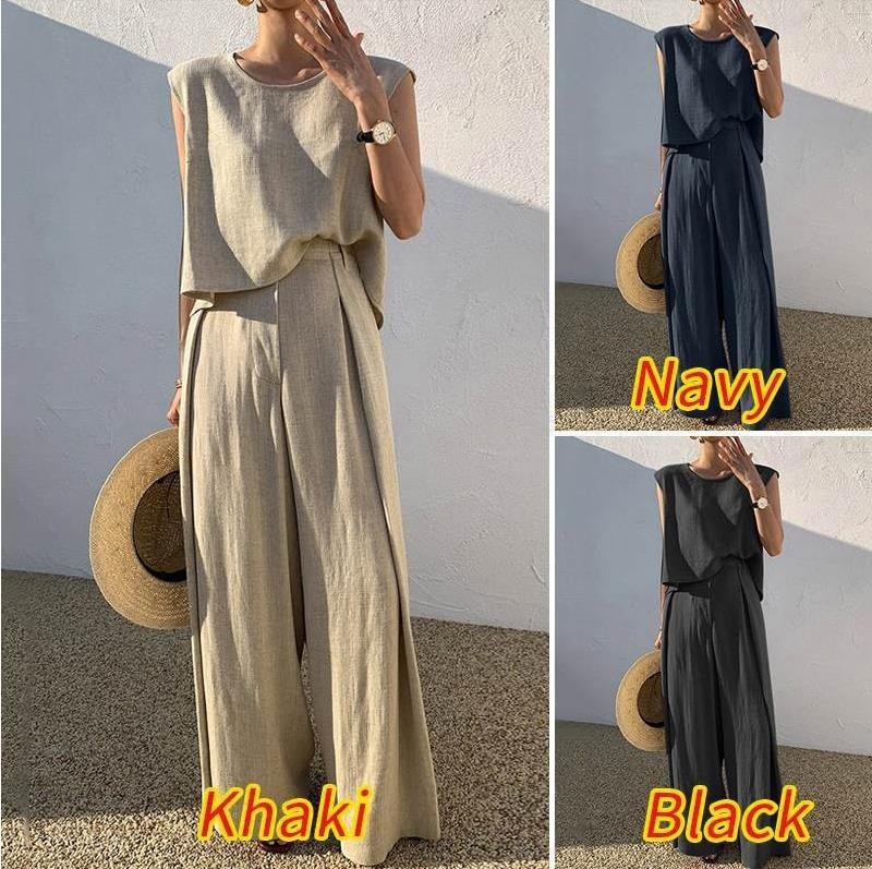 Women’s Cotton Linen Two Piece Set Sleeveless Top Wide Leg Pants Casual Outfit