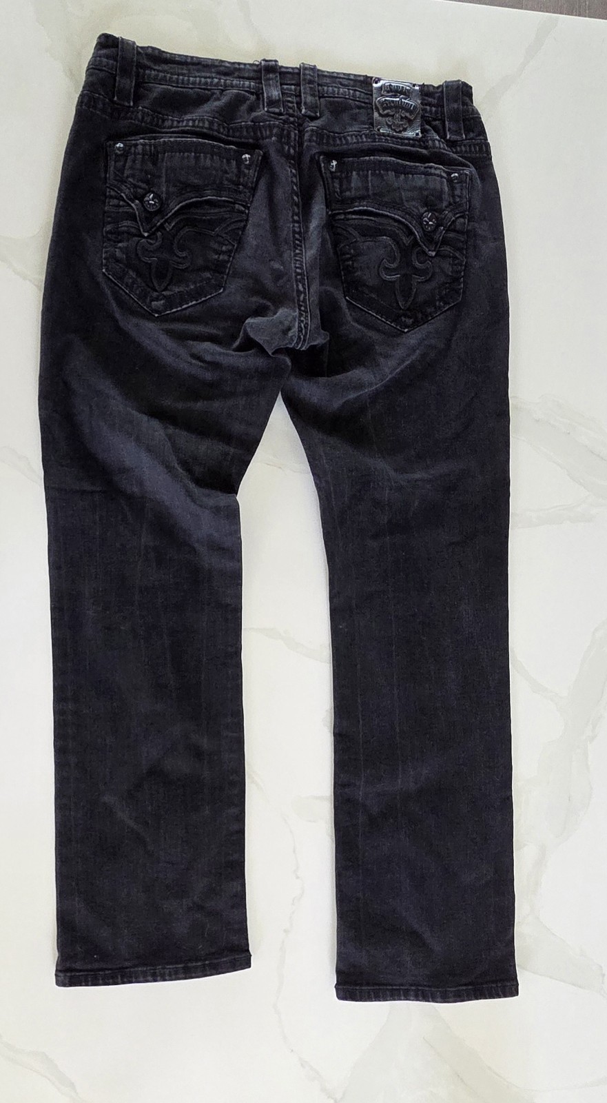 Rock Revival Men’s Kemel Straight Jeans 42×33 Embellished Pockets Dark Wash