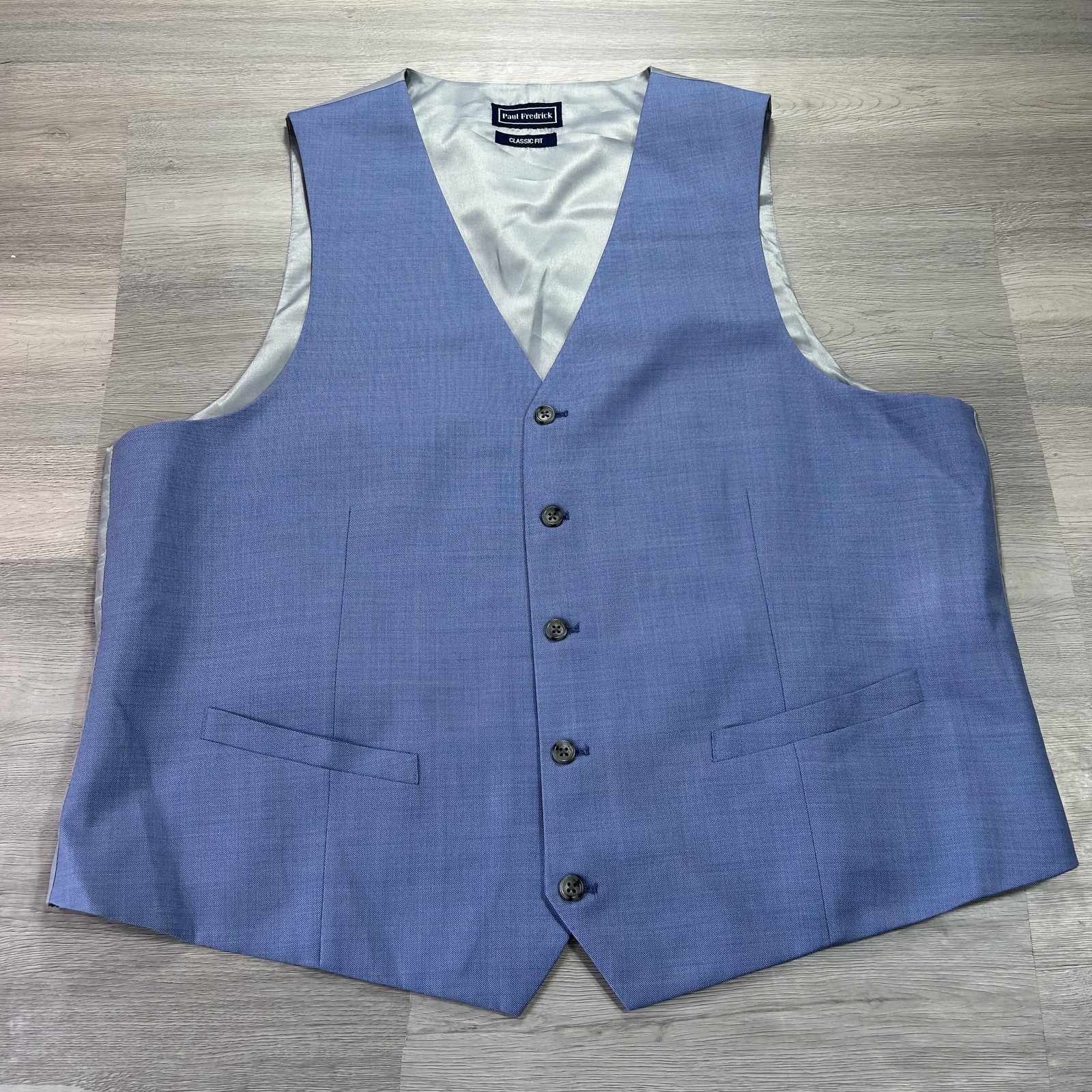 Paul Fredrick Suit Mens 46R Jacket 48×29 Pants Vest Sky Blue Wool 3 Piece Set