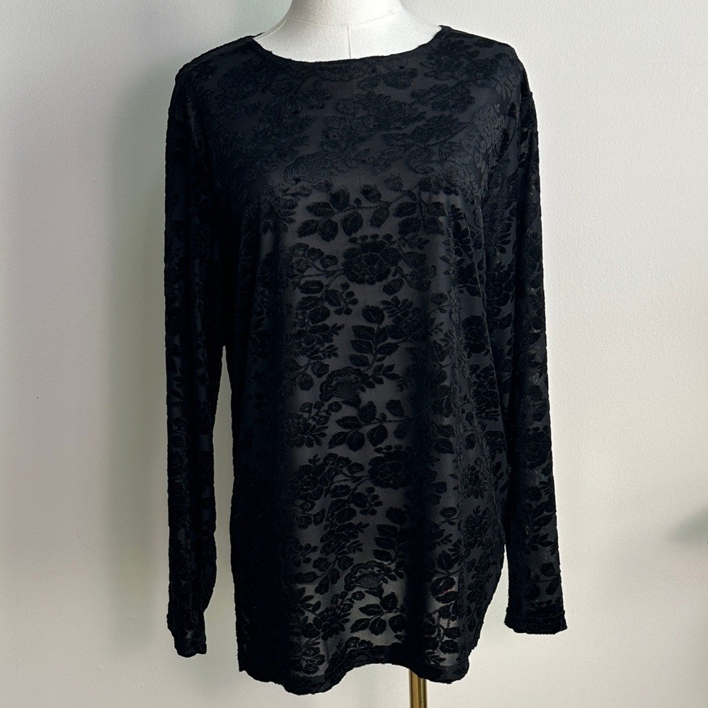 Vtg Womens L Black Semi Sheer Floral Flocked Top Whimsigoth Dark Romantic USA