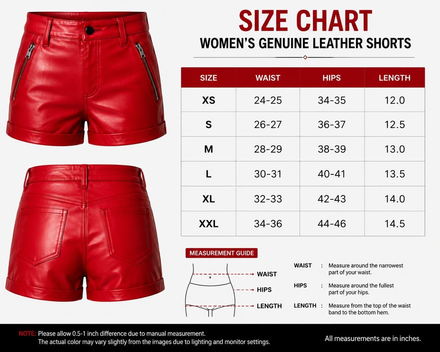 Women s Genuine Red Lambskin Leather Shorts High Waist Zip Pocket Sexy Pants