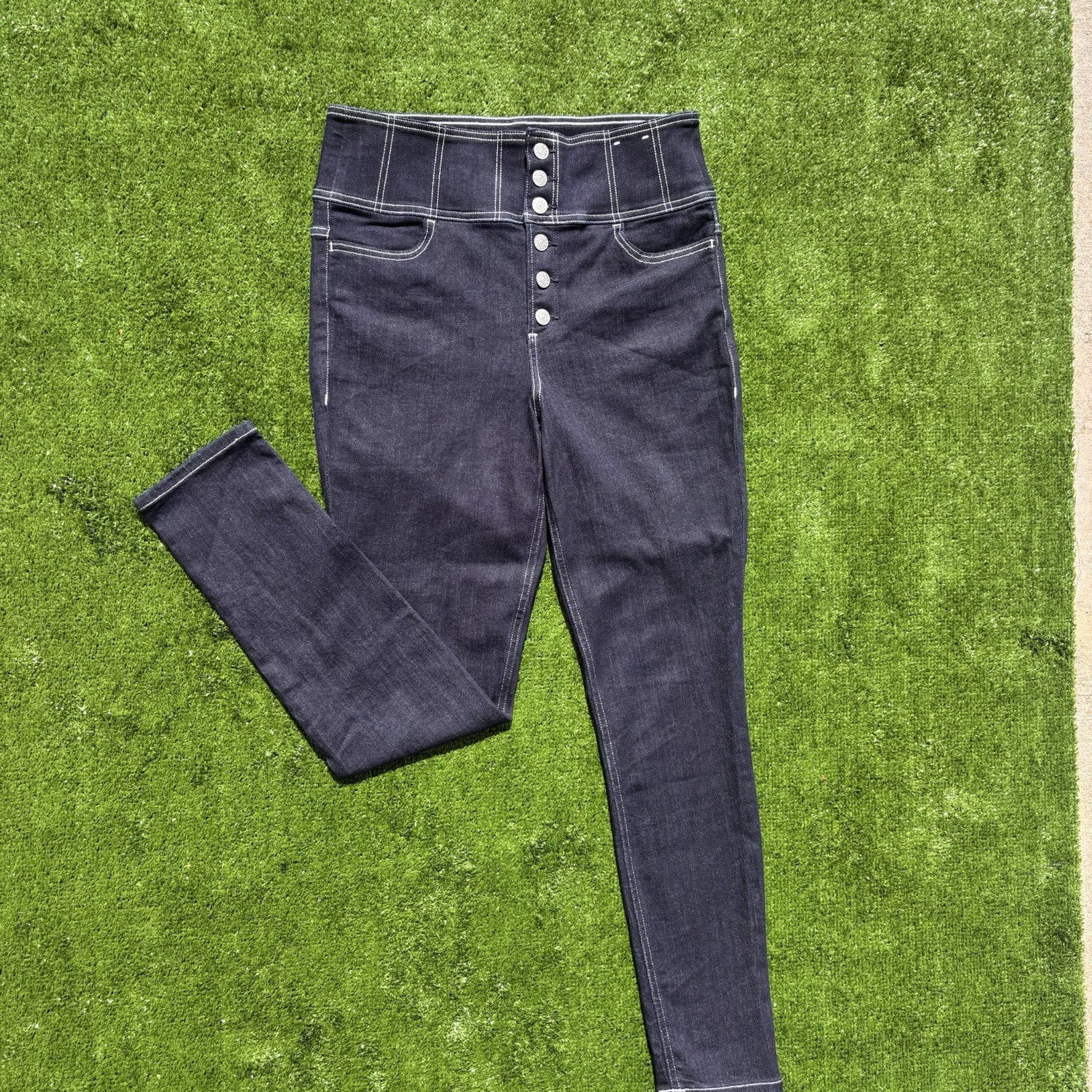 Express Dark Wash High Rise Button Fly Skinny Jeans Blue 5-Pocket Pockets