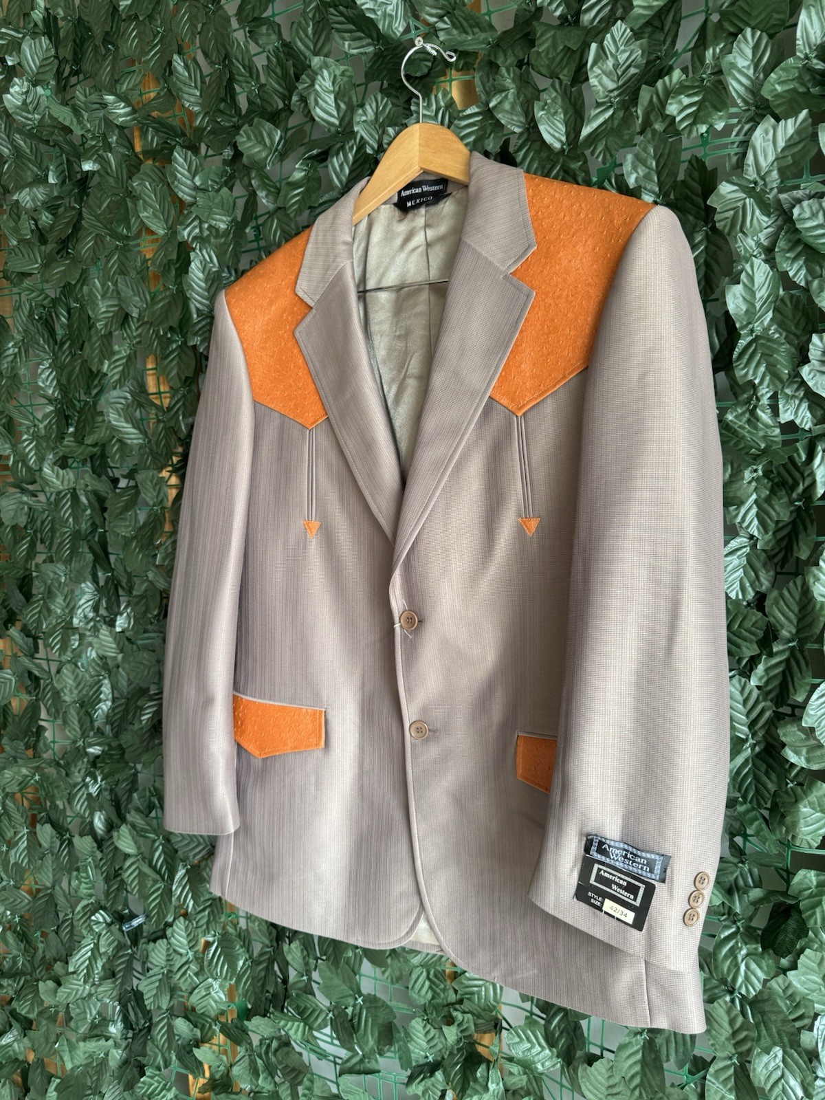 american west taupe western cowboy blazer with brown leather yokes men’s size :4