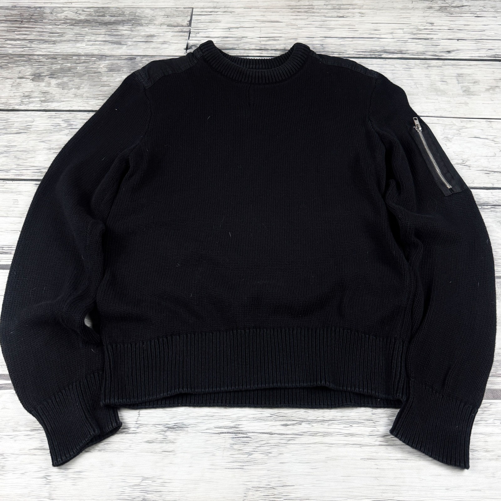 Mens Vintage Black Knit Sweater Zip Pocket Sleeve Minimalist Military Jumper