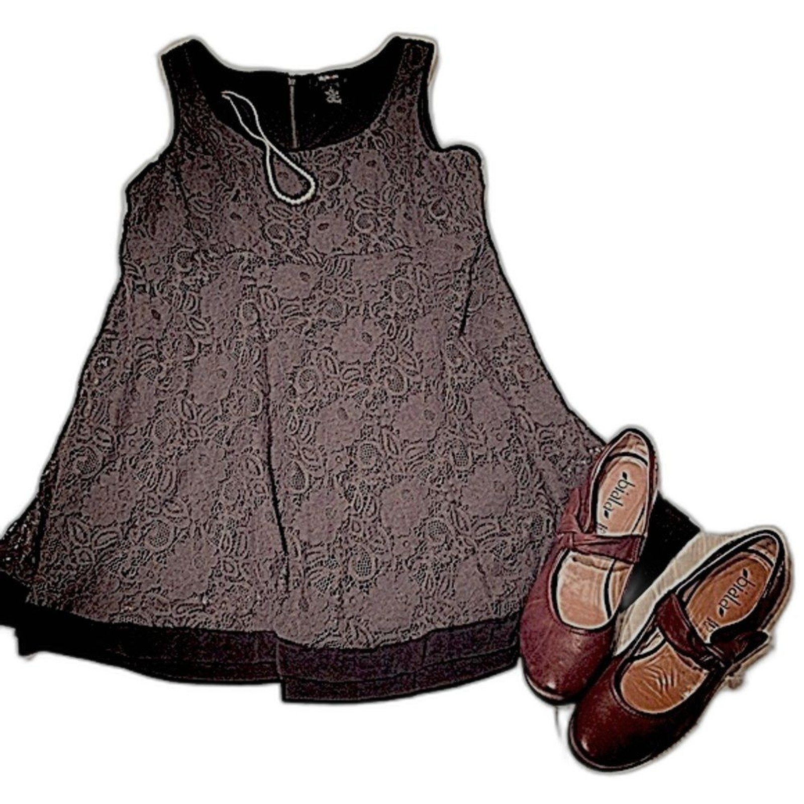 Vintage Y2K Floral Lace with Velvet Trim Skater Dress Sz L Whimsigoth #D4