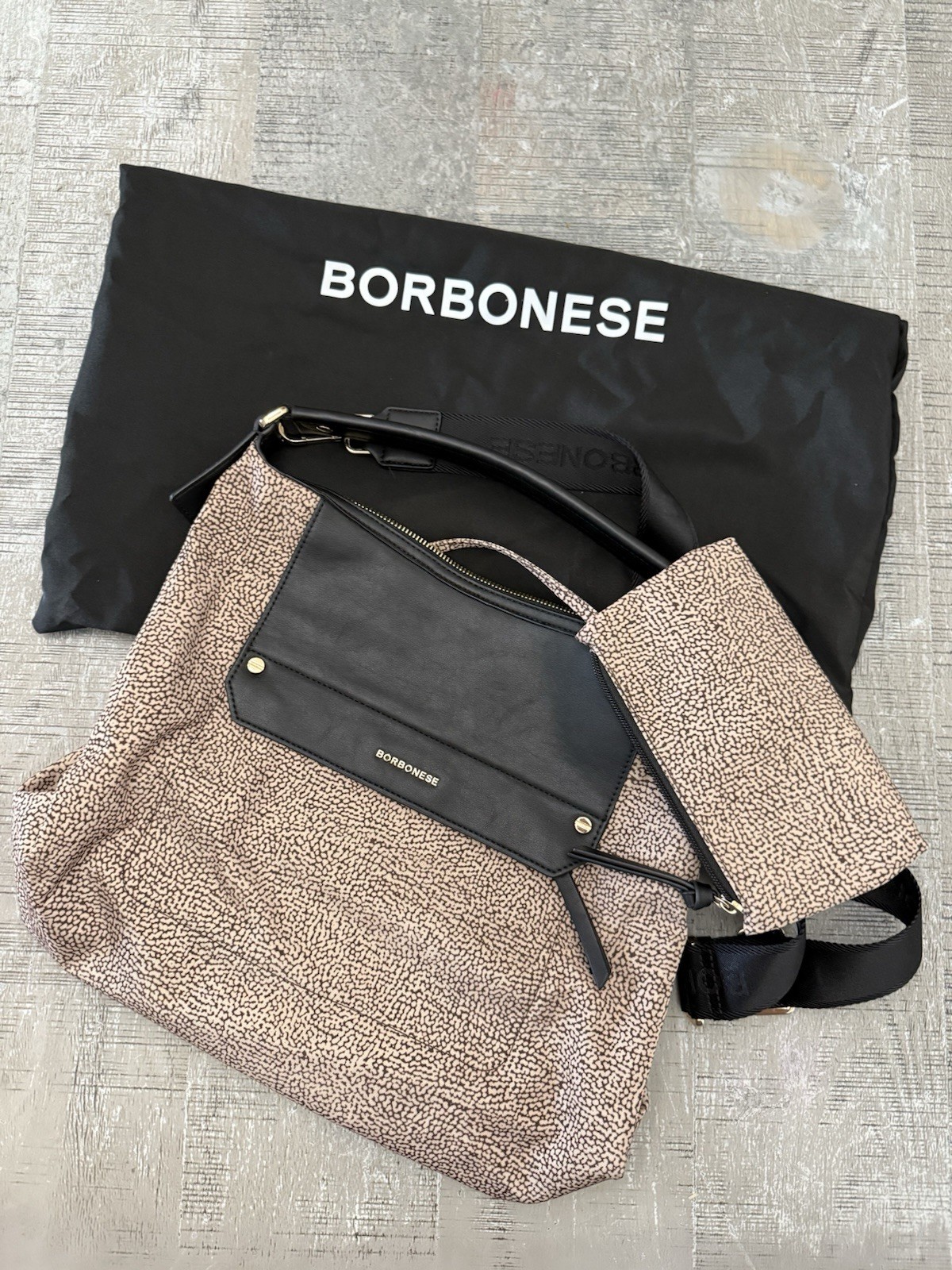 Borbonese Beige/Black Logo Shoulder Bag Zip Top Detachable Strap w/ Dust Bag