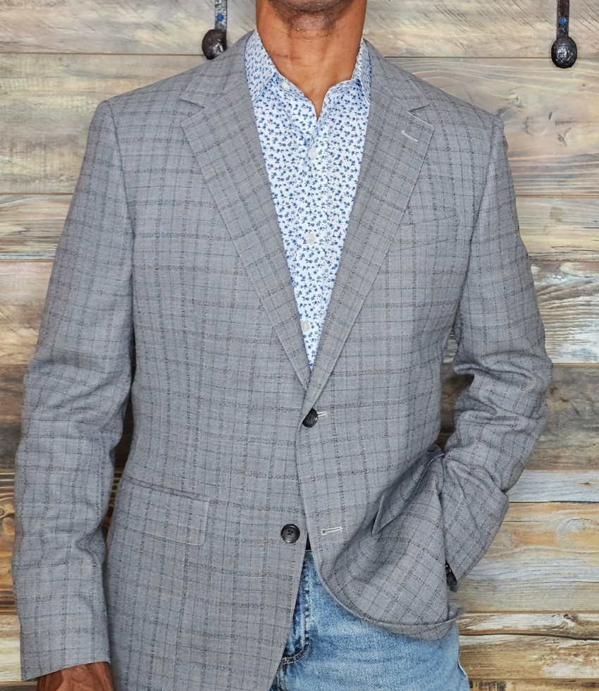 Bonobos Slim Fit Wool Blend Dual Vent Stitched Lapel Gray Windowpane Blazer 42R