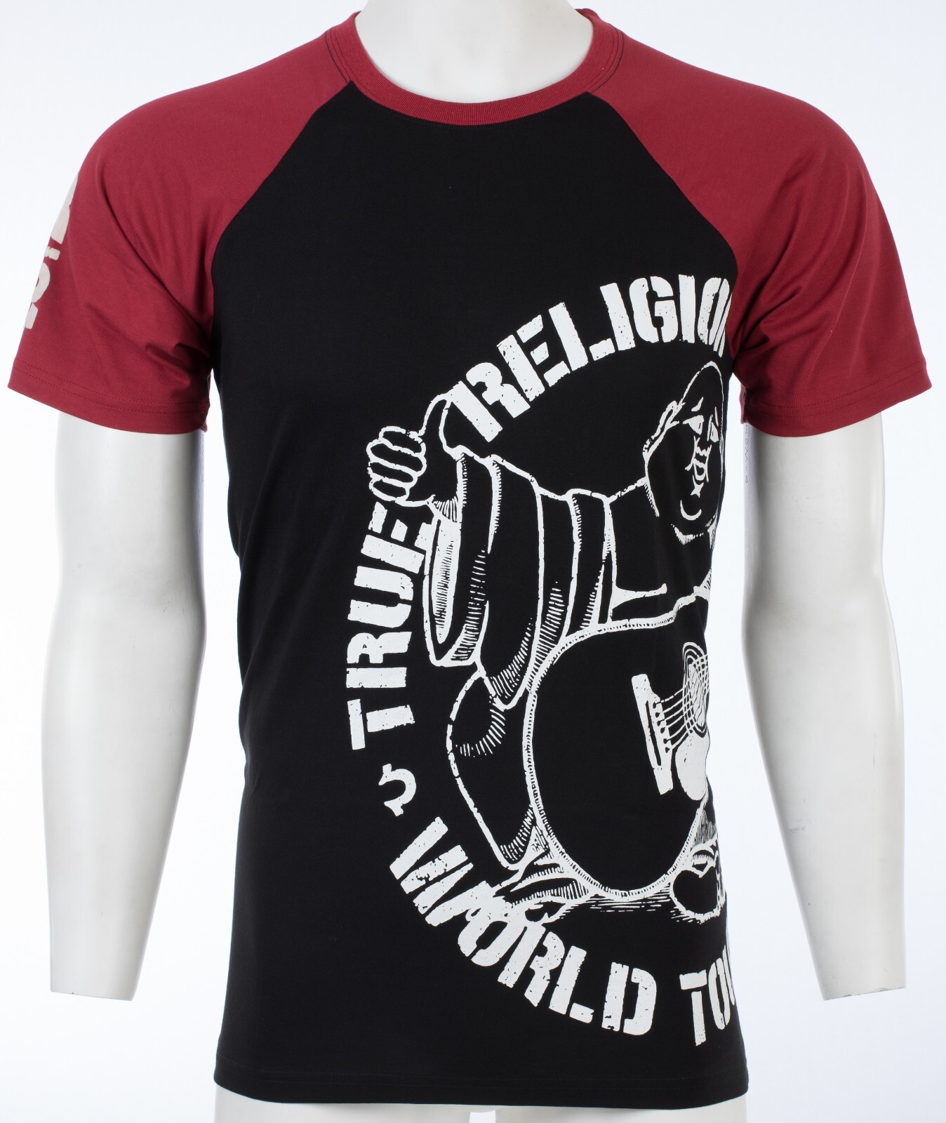 $79 TRUE RELIGION Black Red PART BUDDHA Short Sleeve Designer Raglan T-shirt NWT