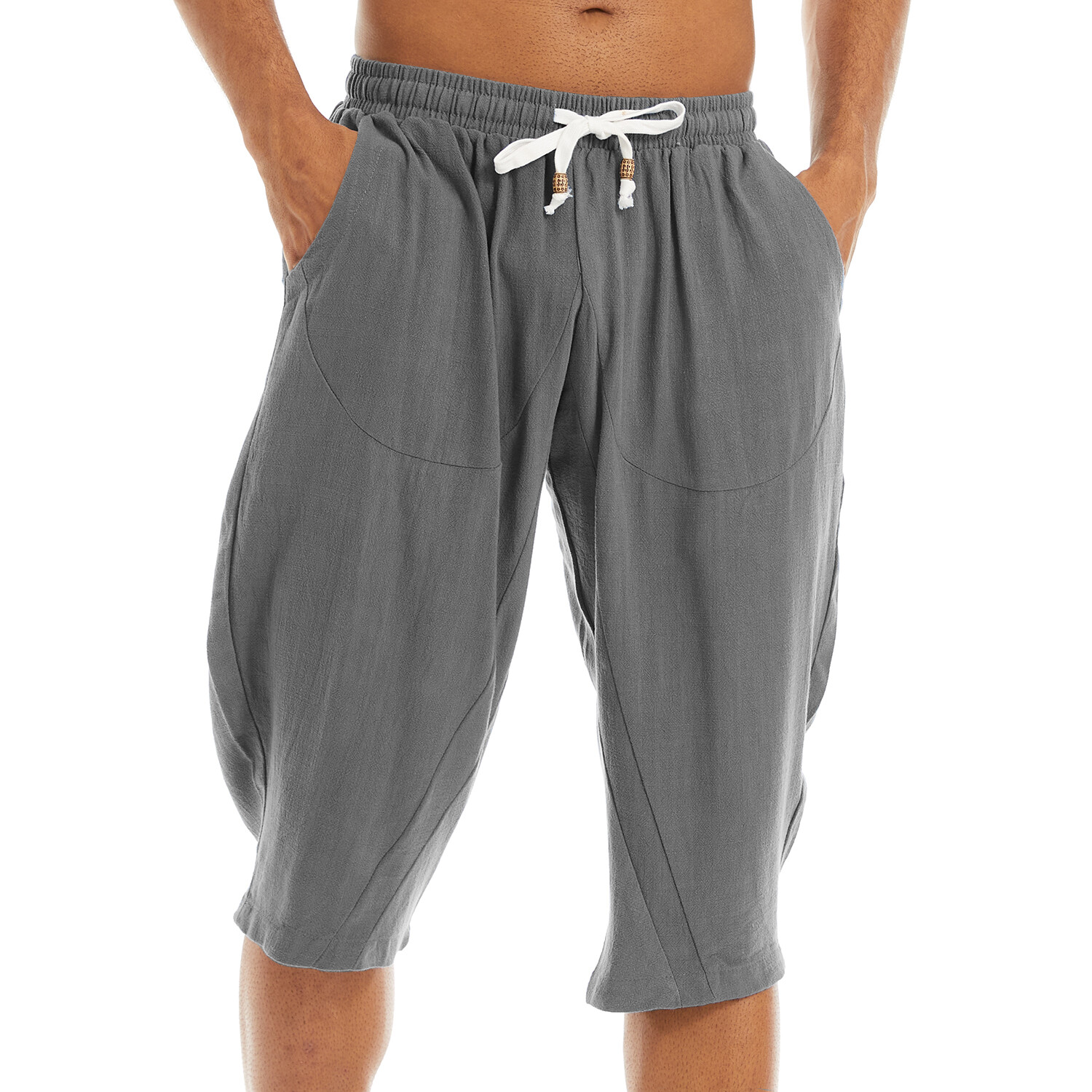 Men’s Cotton Linen Harem Shorts Below Knee Baggy Capri Yoga Fitness Casual Pants