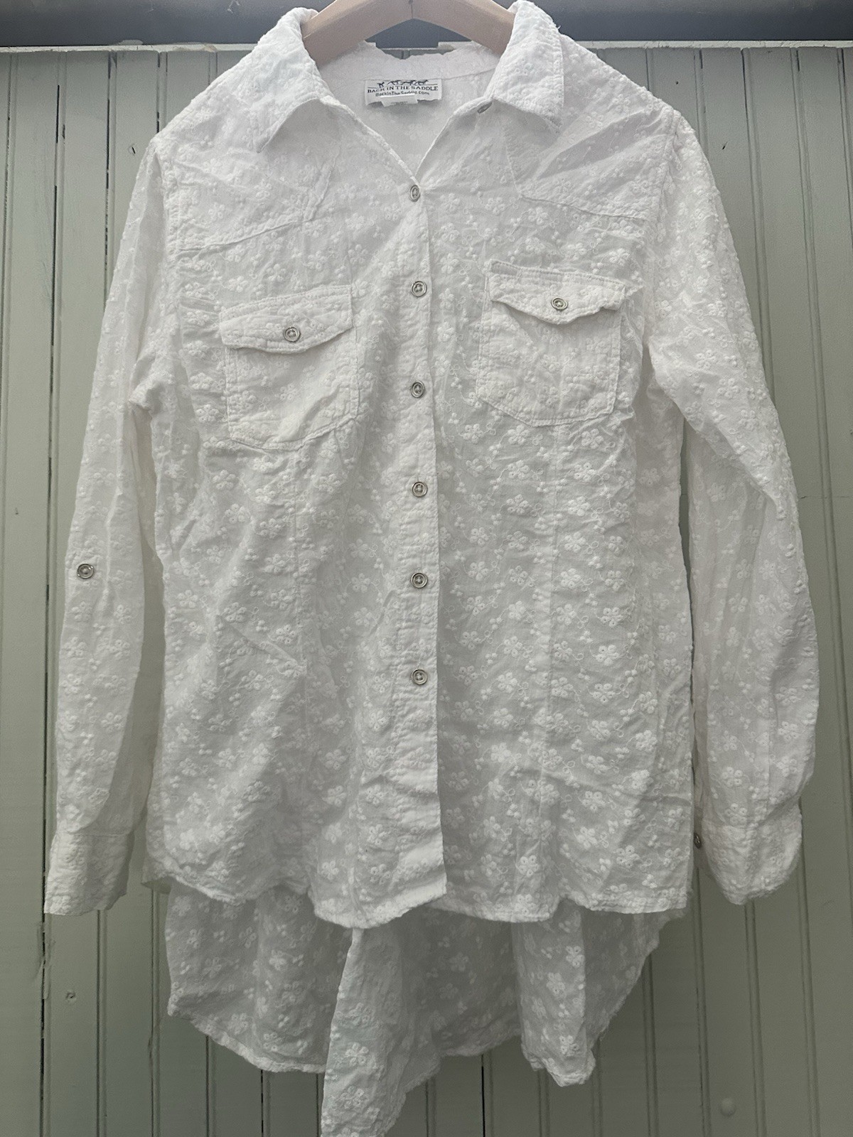Back In The Saddle White Top Long Sleeve Eyelet Riding Equestrian Cowgirl Farm M