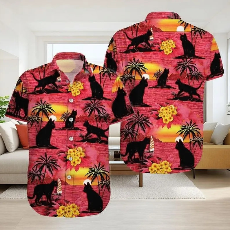Funny Black Cat Hawaiian Shirt, Cat Aloha Button Down