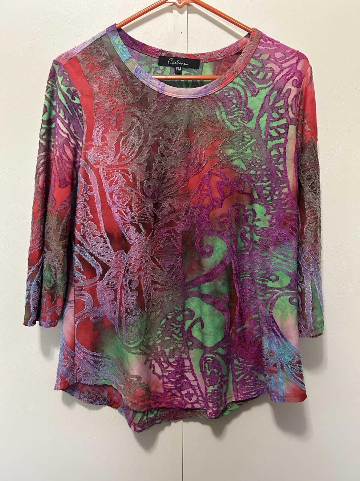 Calessa Textured Tunic Top Size PM Multicolor 3/4 Sleeve Artsy Casual Travel