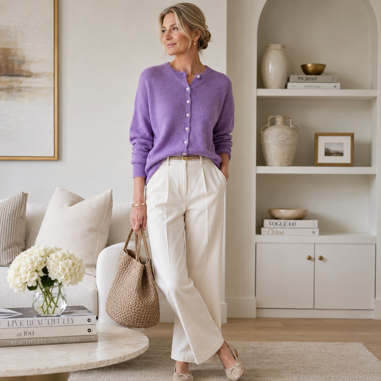 Things Between Cardigan M Purple Button Front Drop Shoulder Wool Quiet Luxury