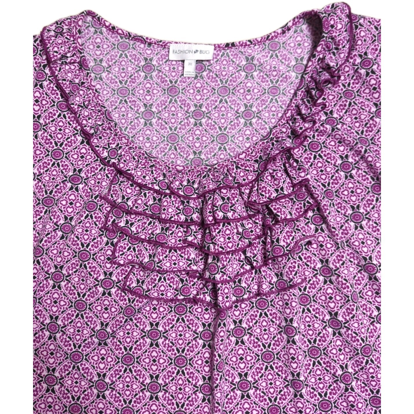 Fashion Bug Pink Top Soft Stretch Ruffled Womens Plus 3X Smocked Short Sleeve B2