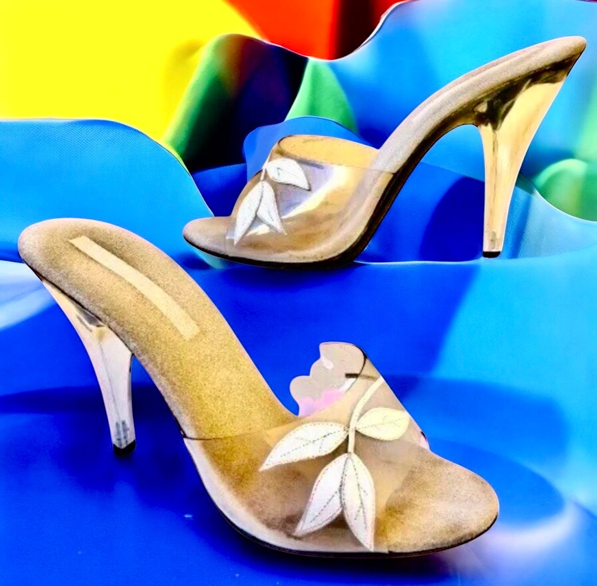 Vintage 80’s Clear Transparent Vinyl Upper & Heel Sandal Slide Sandal Womens 8
