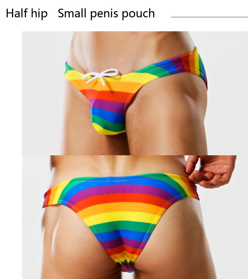 Mens Rainbow Low Waist Swimwear Swim Briefs Bikinis Gay Men Thong Swimsuits